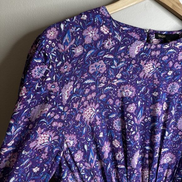 Maje Floral Mini Dress Size 38 UK 10 $445 Purple Georgette Smocked Cut Out Boho - Picture 9 of 16